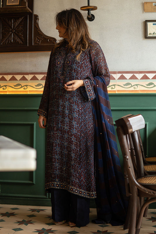 Blue Ajrak Chiffon Kurta Set
