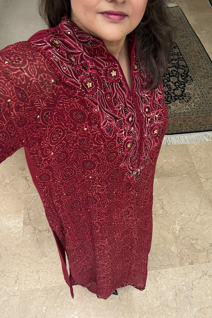 Red Ajrak Chiffon Kurta Set