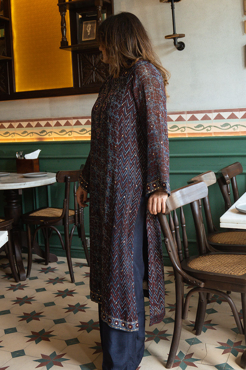 Blue Ajrak Chiffon Kurta Set