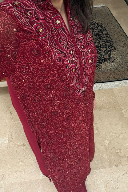 Red Ajrak Chiffon Kurta Set
