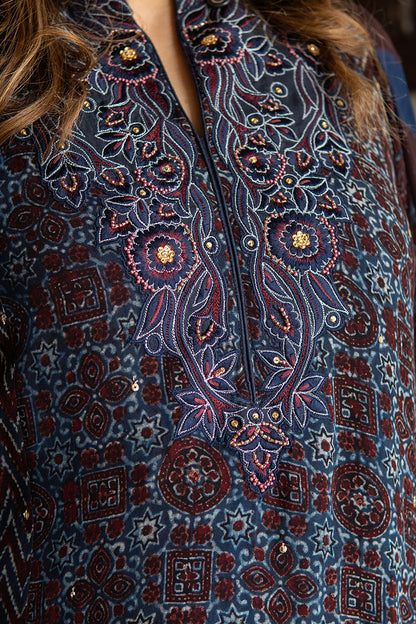 Blue Ajrak Chiffon Kurta Set