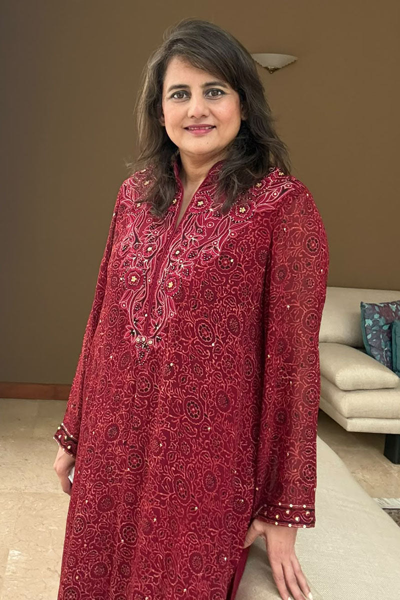 Red Ajrak Chiffon Kurta Set