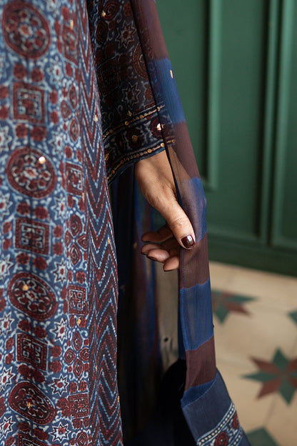 Blue Ajrak Chiffon Kurta Set