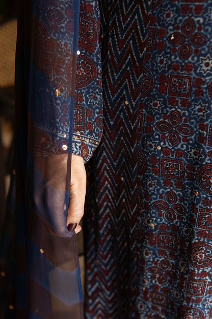 Blue Ajrak Chiffon Kurta Set