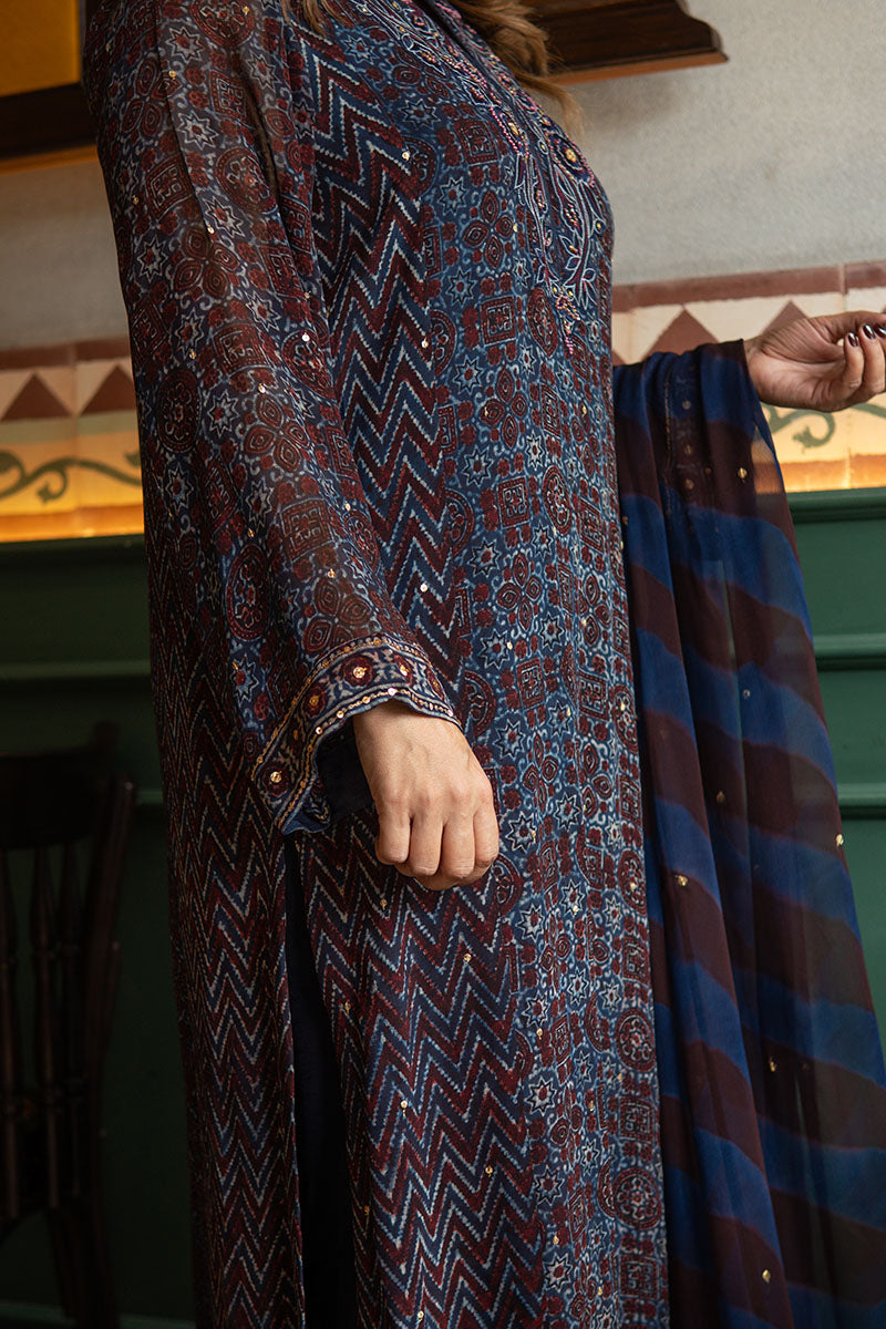 Blue Ajrak Chiffon Kurta Set