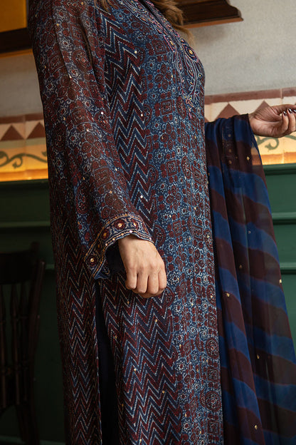 Blue Ajrak Chiffon Kurta Set