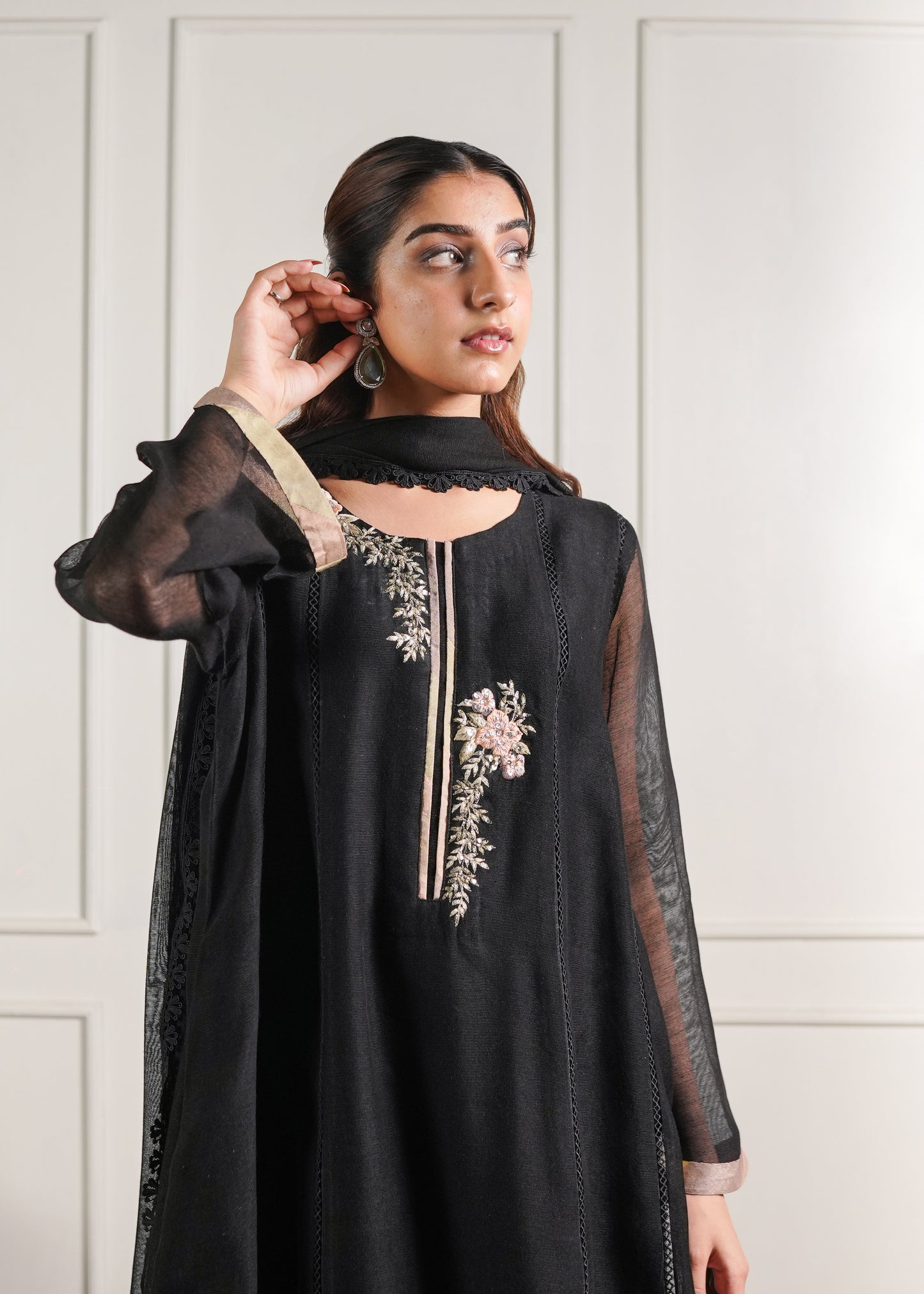 Black chatta patti Kalidaaar Kurta set with duppatta