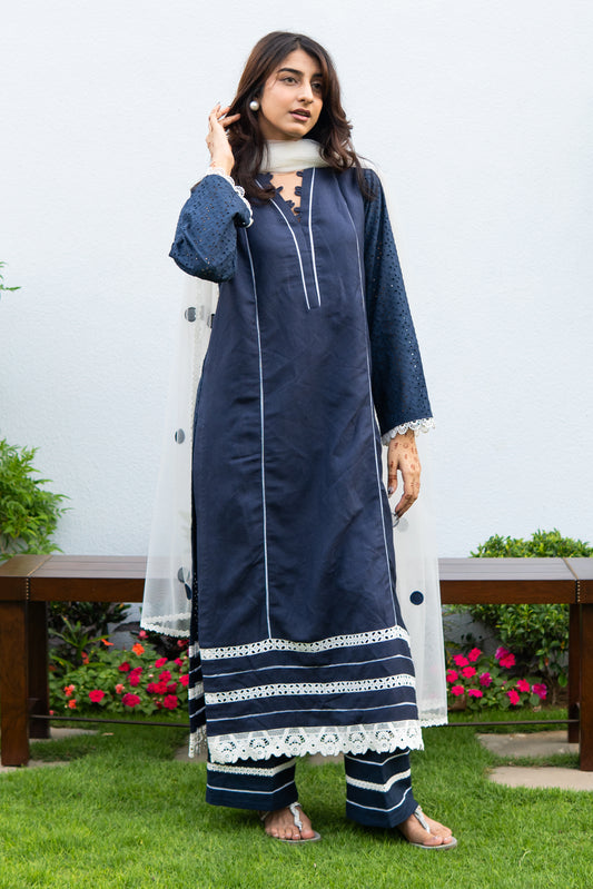 NAVY BLUE KURTA WITH LACING ON DAMAN
