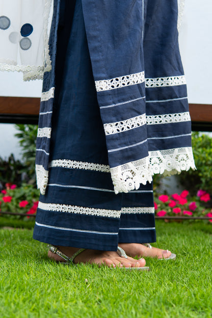 NAVY BLUE KURTA WITH LACING ON DAMAN