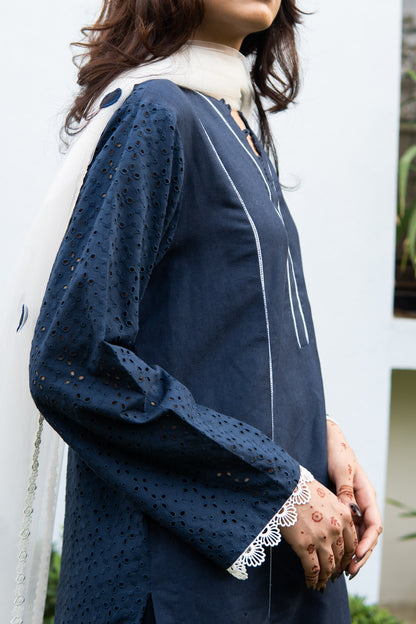NAVY BLUE KURTA WITH LACING ON DAMAN