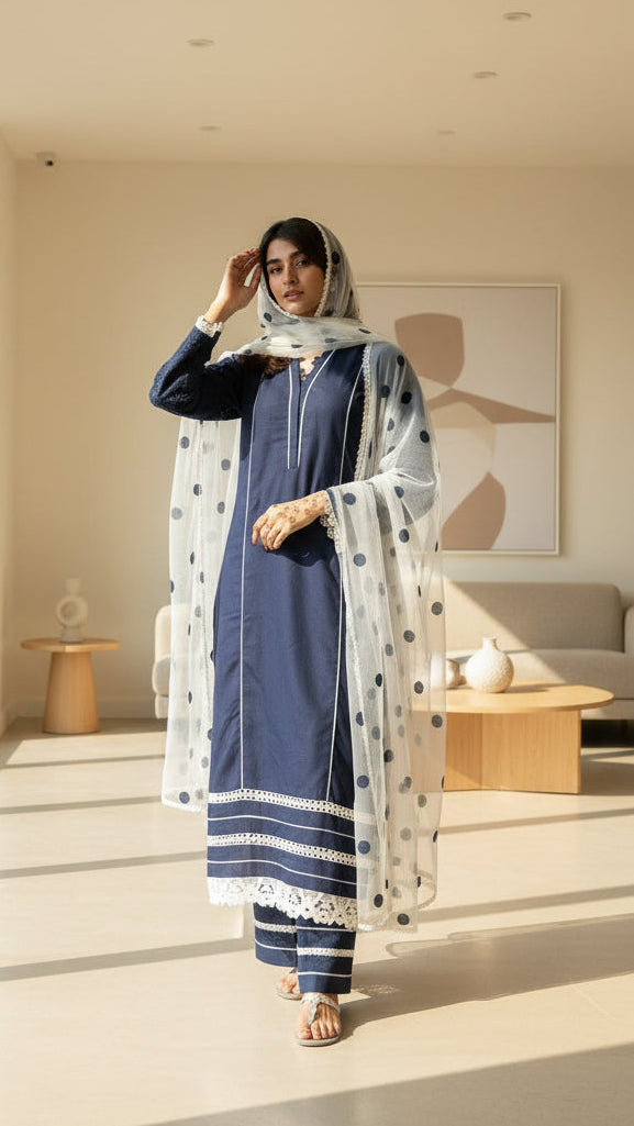 NAVY BLUE KURTA WITH LACING ON DAMAN