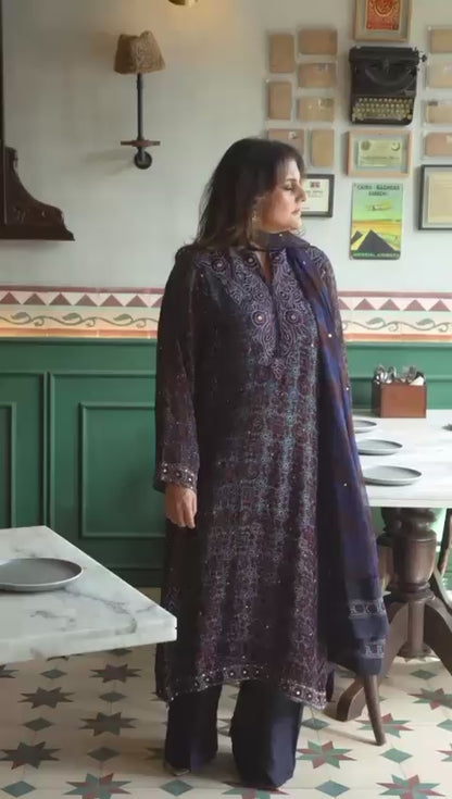 Blue Ajrak Chiffon Kurta Set