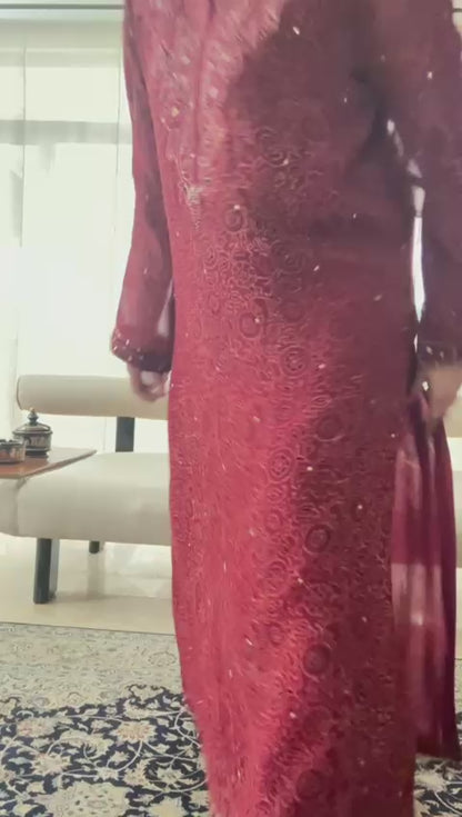 Red Ajrak Chiffon Kurta Set